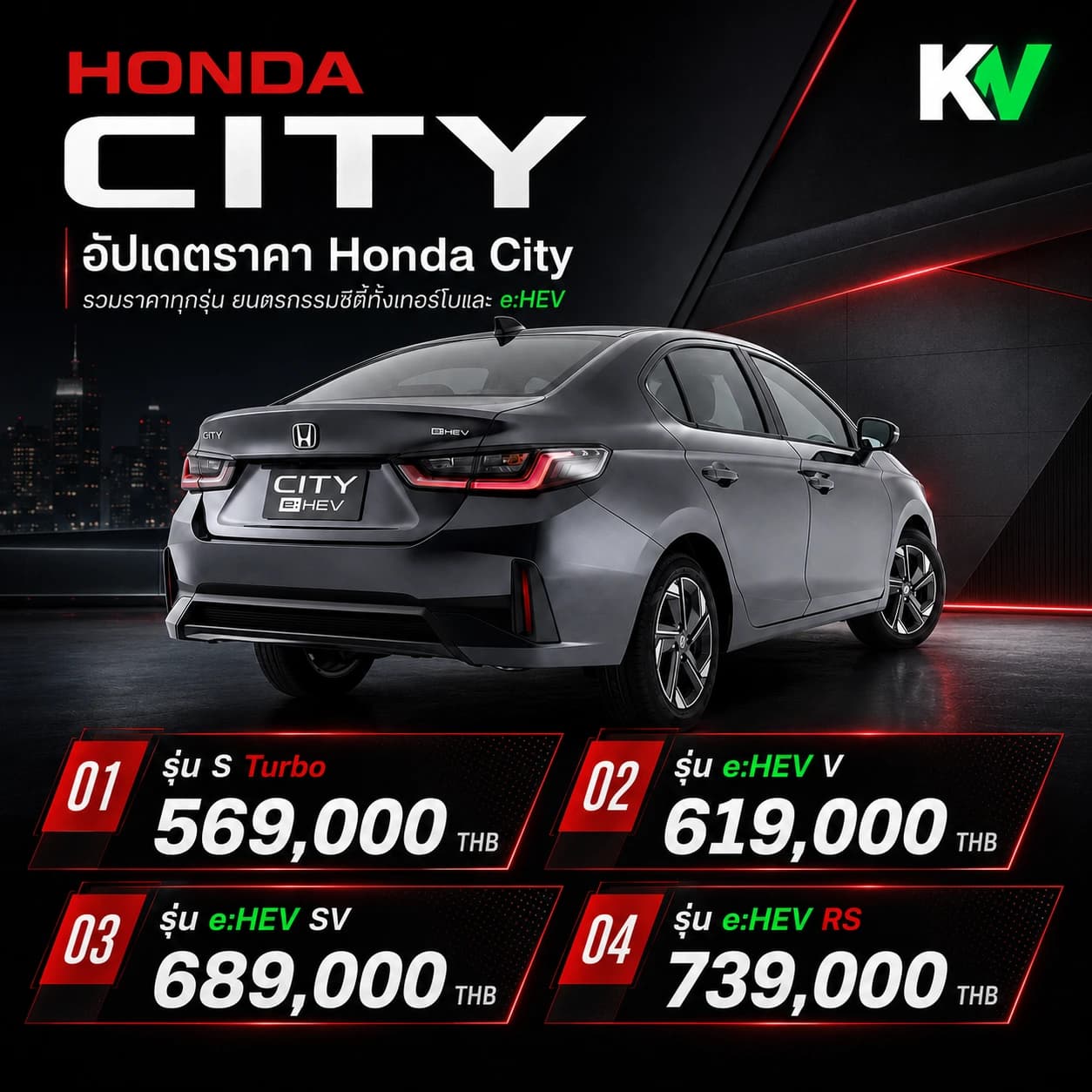 ตารางราคาและดีไซน์ท้ายรถ New Honda City 2026 e:HEV